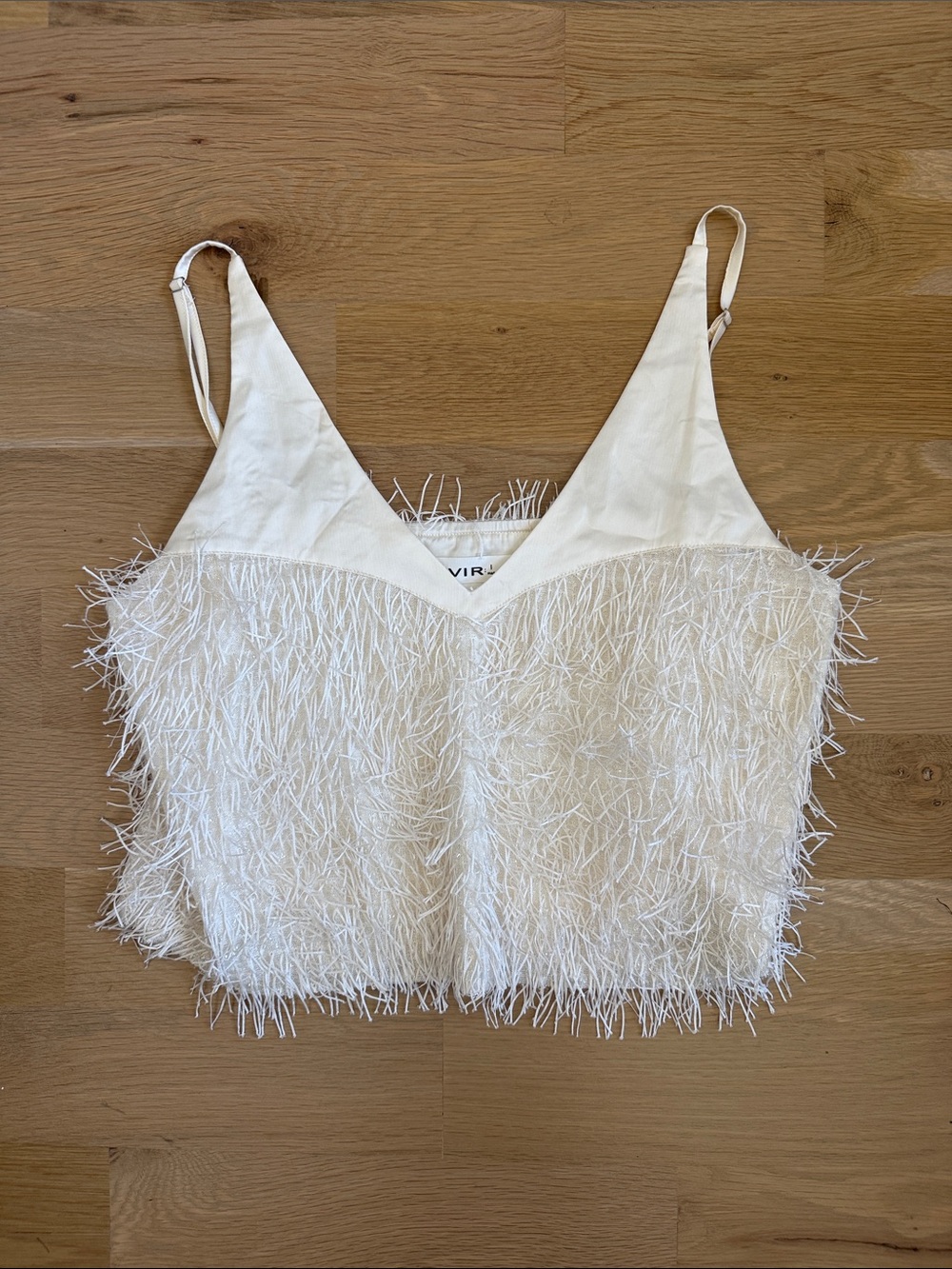 Virgo Cream Feather-Trim Camisole Crop Top
